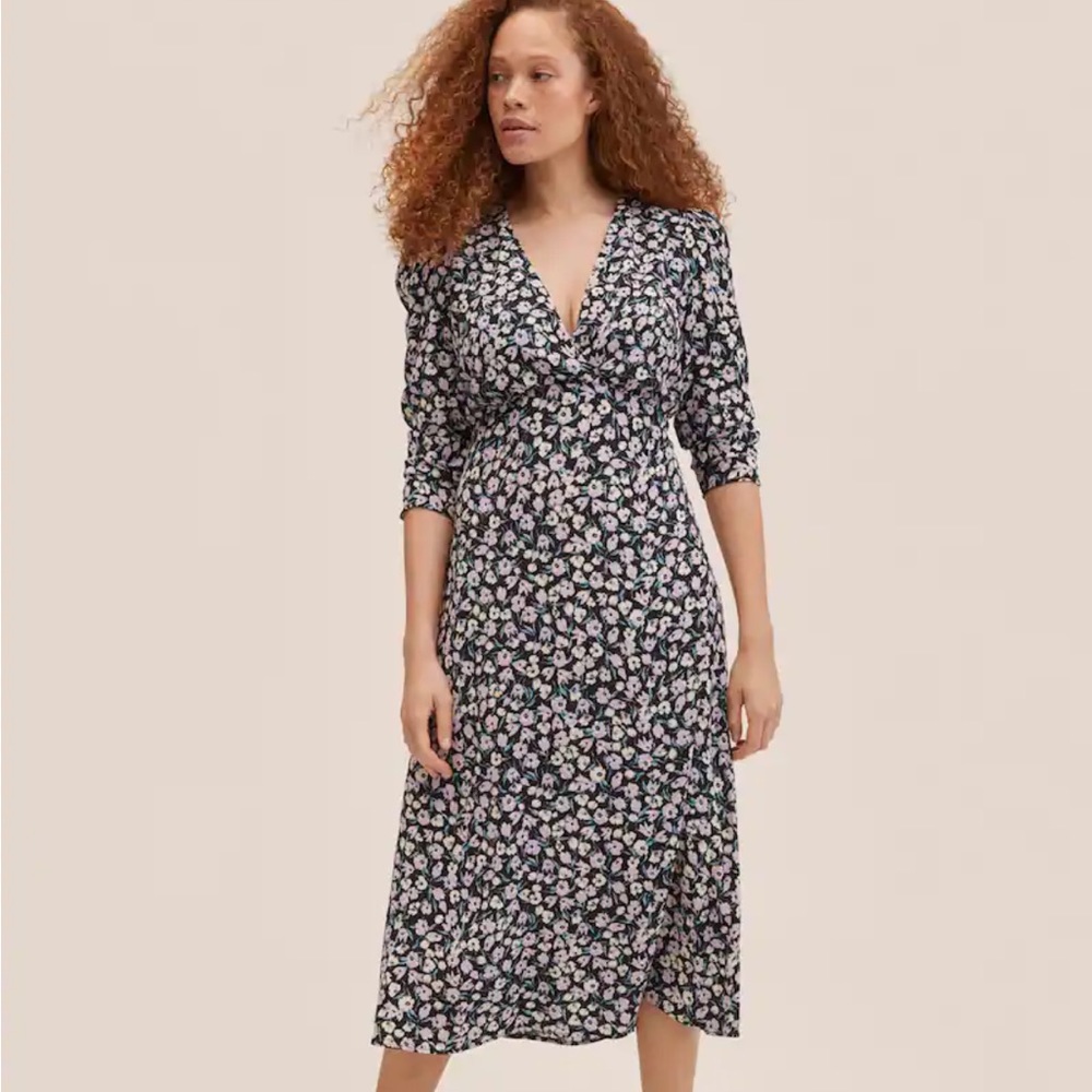 MANGO Black Floral Midi Dress MNG